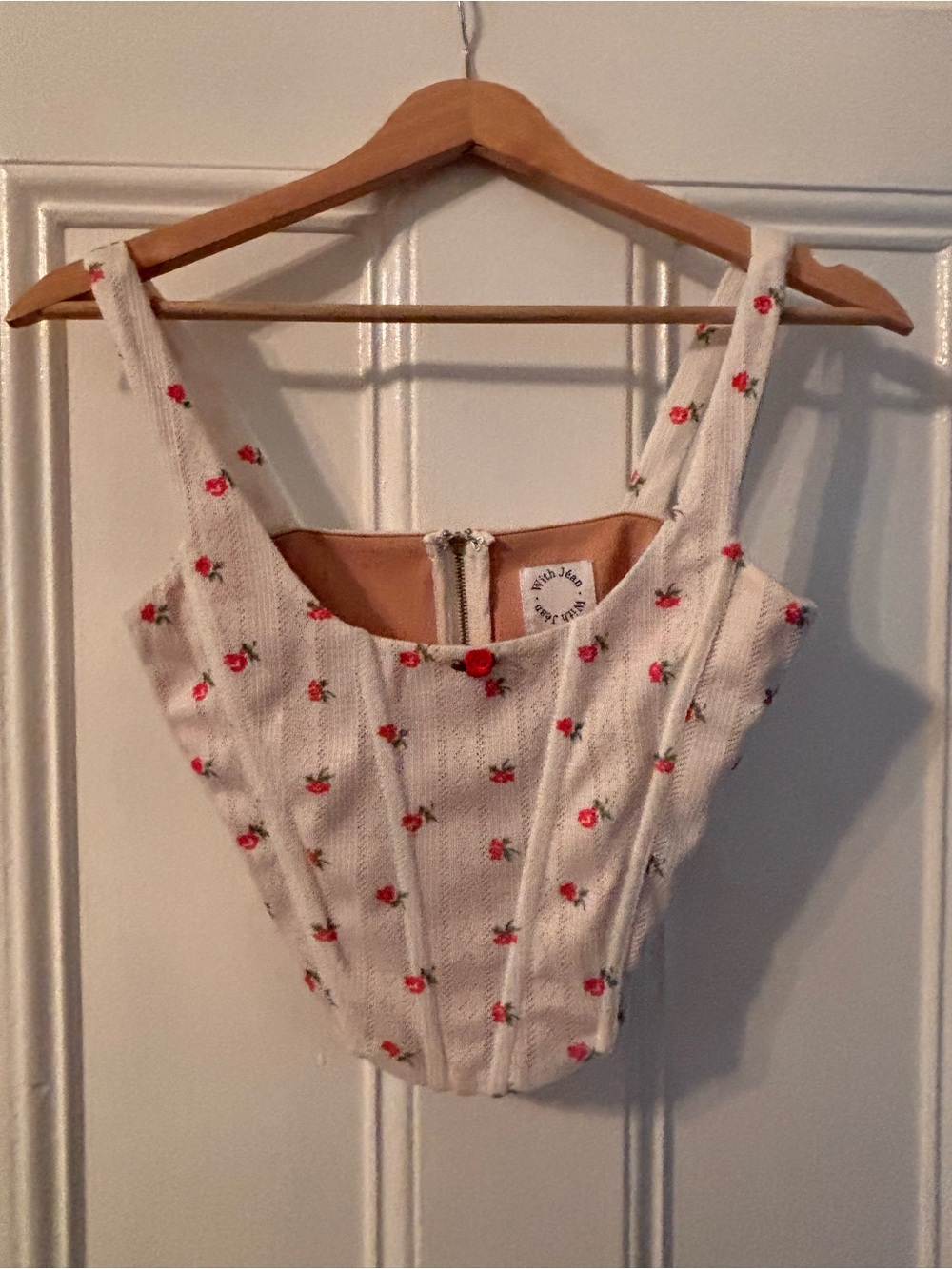 With Jean Cream Knit Corset Crop Top with Red Floral Dot